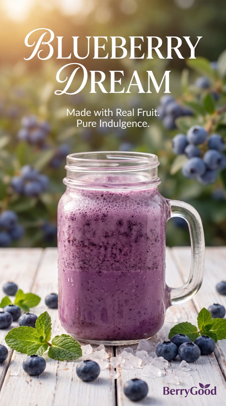 Blueberry Milkshake turned into a print-ready café window poster by Lumenfire Lab