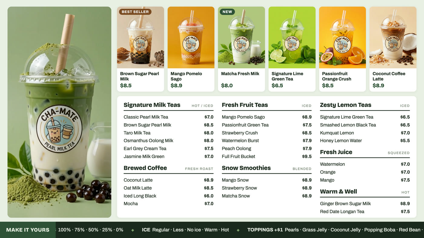 Bubble Tea Bar animated digital menu board designed by Lumenfire Lab