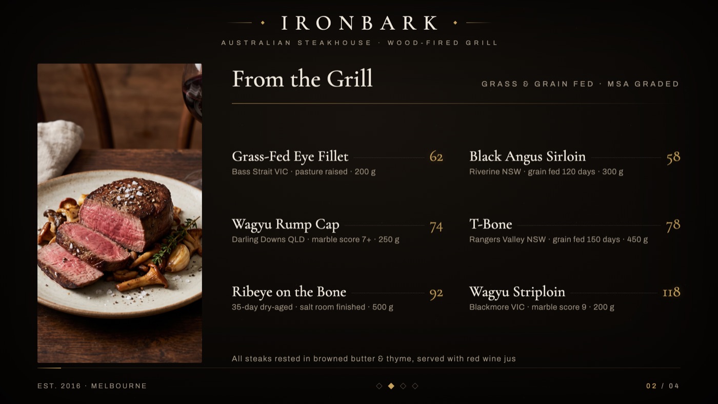 Steakhouse animated digital menu board designed by Lumenfire Lab